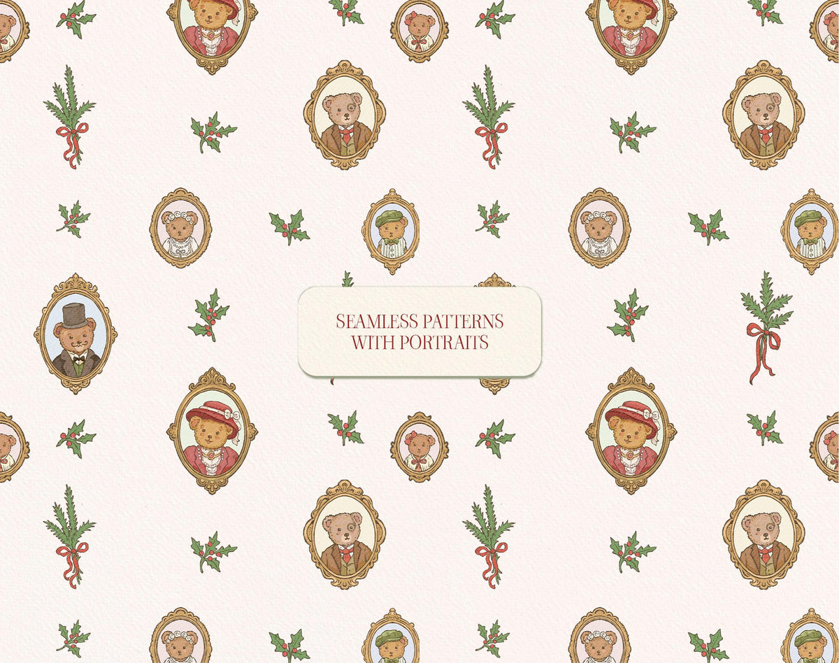 Seamless Christmas pattern preview with framed teddy bear portraits, holly sprigs, and small botanical motifs.