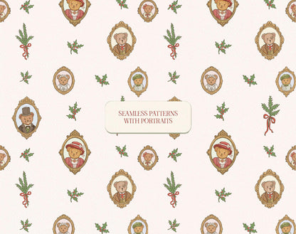 Seamless Christmas pattern preview with framed teddy bear portraits, holly sprigs, and small botanical motifs.