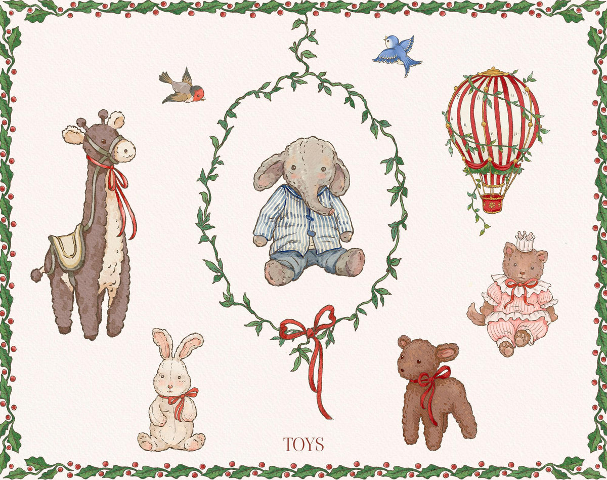 Vintage watercolor toy clipart including a giraffe, elephant, rabbit, bear, doll, hot-air balloon, birds, and a leafy wreath.