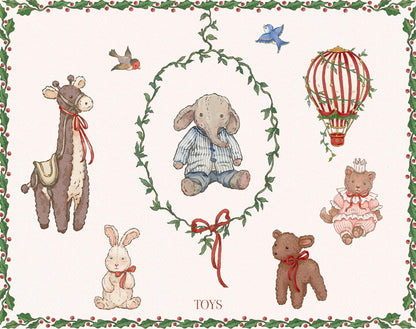 Vintage watercolor toy clipart including a giraffe, elephant, rabbit, bear, doll, hot-air balloon, birds, and a leafy wreath.