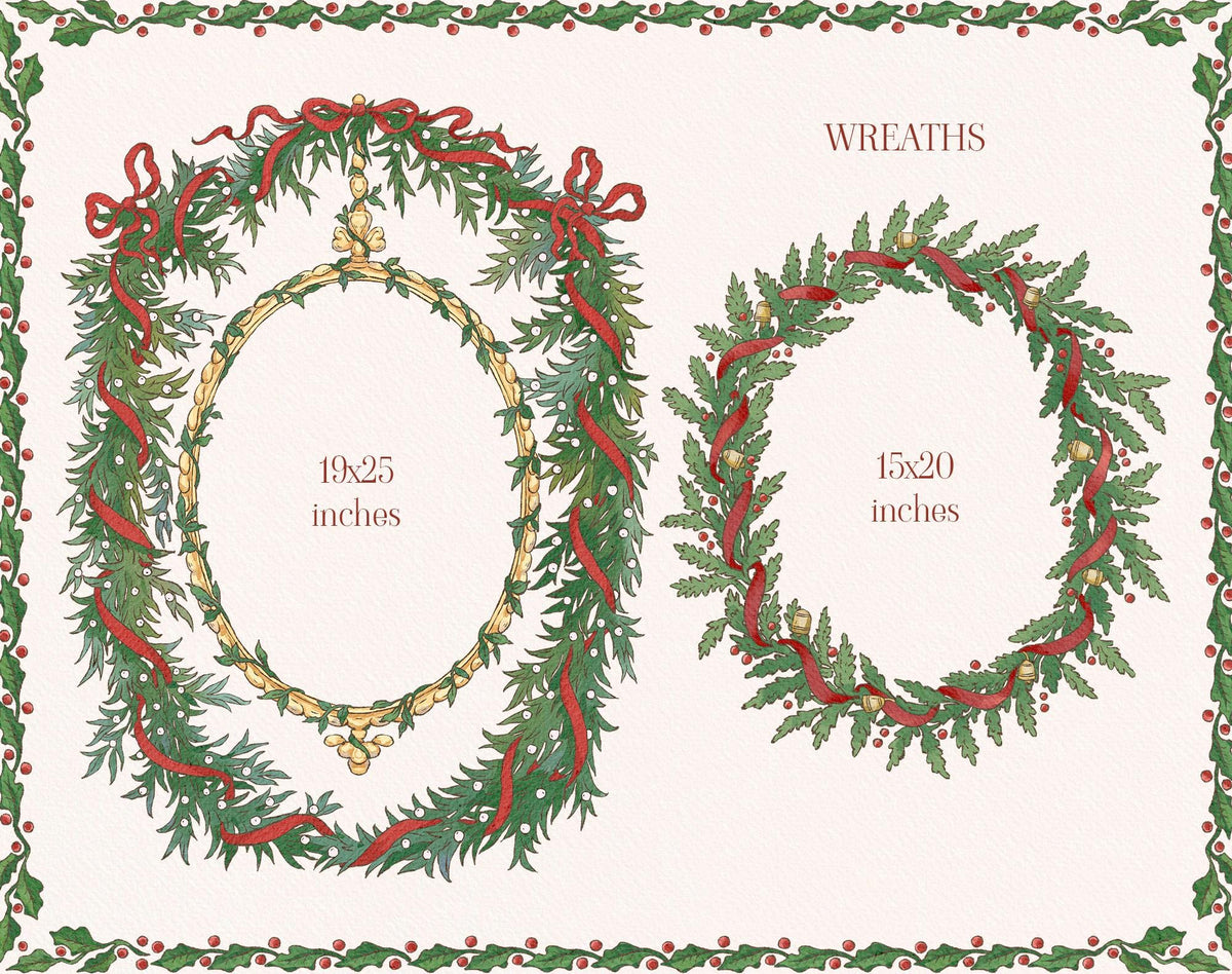 Two Christmas wreath watercolor designs with evergreen branches, red ribbons, and gold accents.
