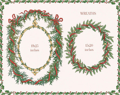 Two Christmas wreath watercolor designs with evergreen branches, red ribbons, and gold accents.
