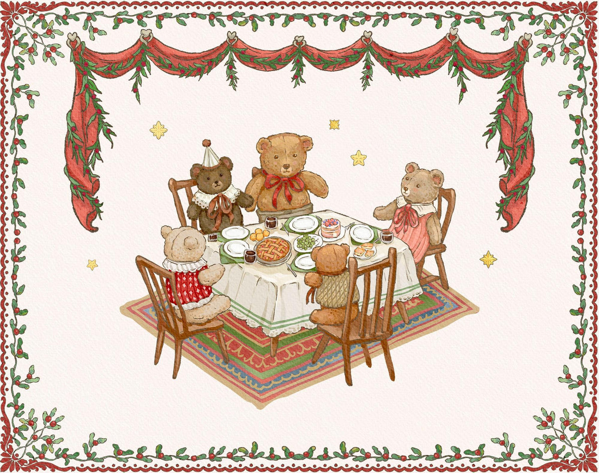 Watercolor teddy bears gathered around a decorated dining table beneath red holiday drapery and holly borders.