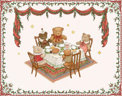 Watercolor teddy bears gathered around a decorated dining table beneath red holiday drapery and holly borders.