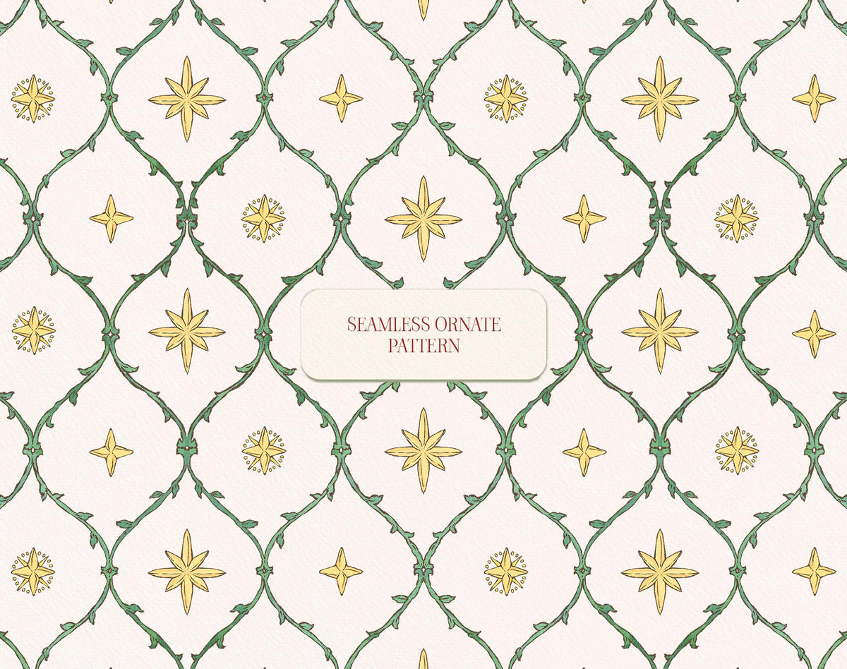 Seamless ornate pattern with green looping vines, gold stars, and snowflake motifs.