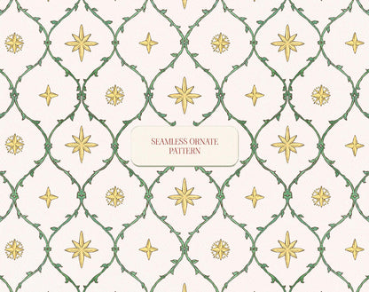 Seamless ornate pattern with green looping vines, gold stars, and snowflake motifs.