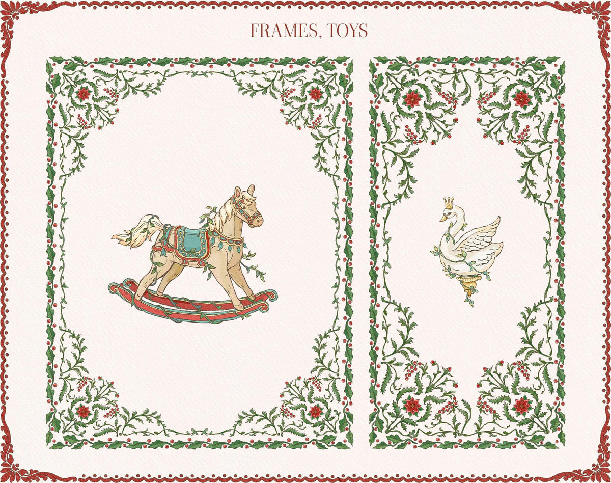 Two floral Christmas frame designs featuring a rocking horse and a white bird illustration.