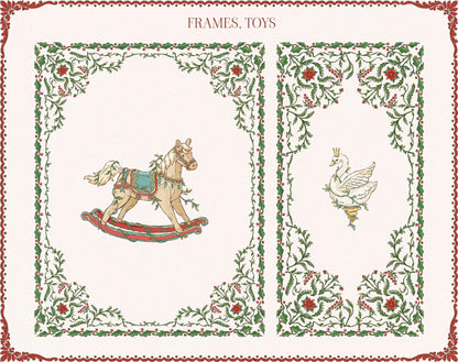 Two floral Christmas frame designs featuring a rocking horse and a white bird illustration.