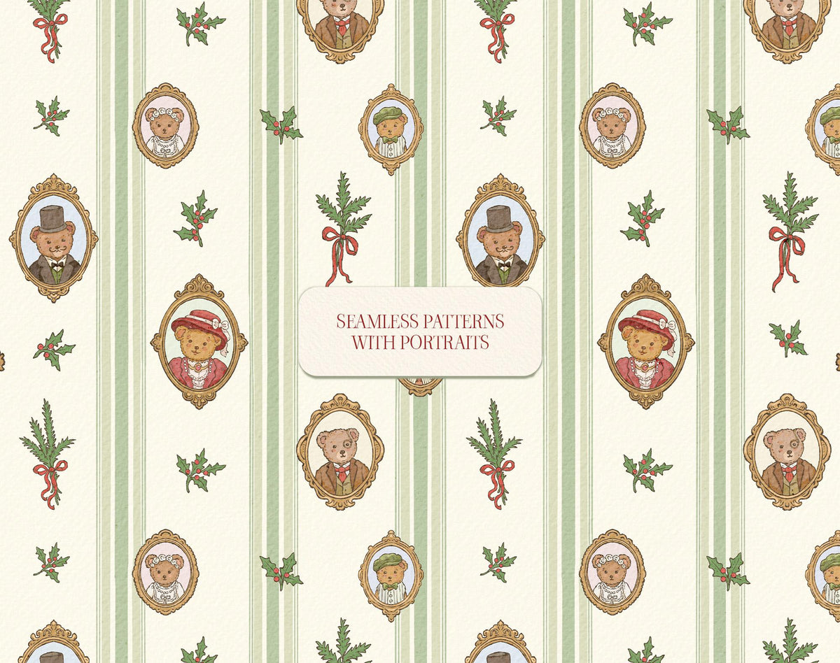 Seamless striped Christmas pattern with framed teddy bear portraits, holly sprigs, and pale green vertical stripes.