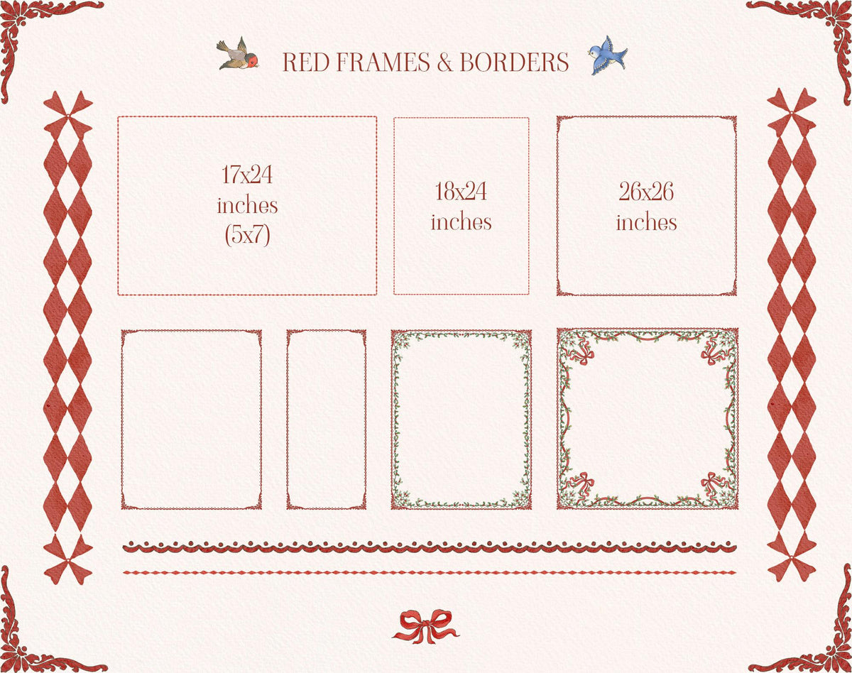 Christmas Toyland red frames and borders preview with rectangular frame layouts and red diamond side borders.