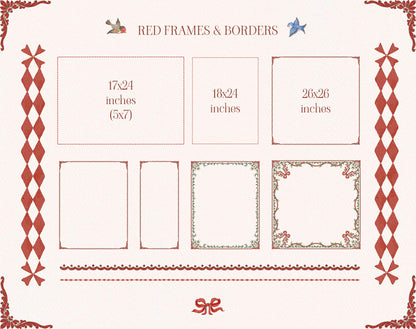 Christmas Toyland red frames and borders preview with rectangular frame layouts and red diamond side borders.