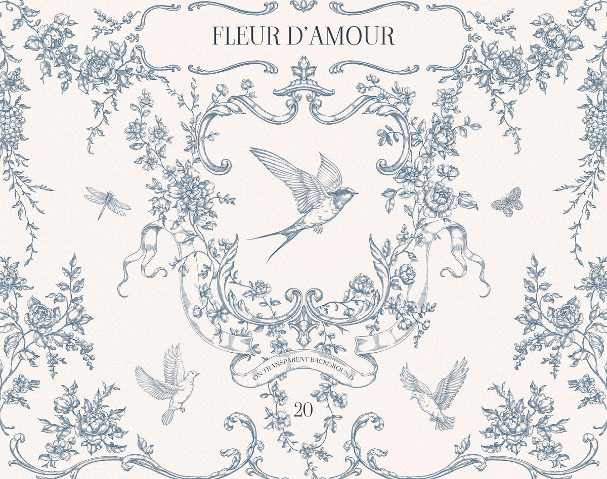 Fleur D’Amour cover displaying blue vintage floral line art, an ornate crest, swallows, botanical sprigs, and decorative borders.