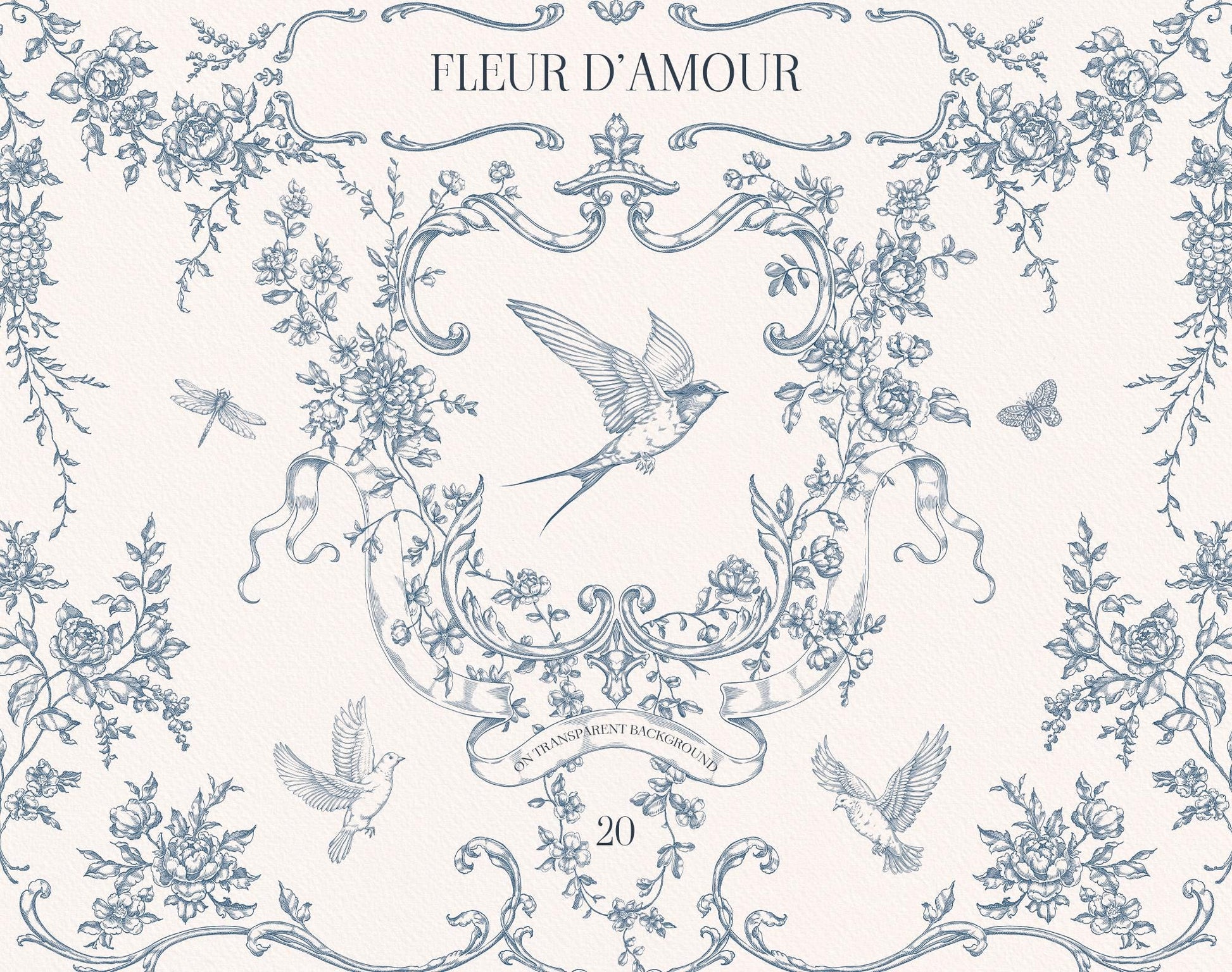Fleur D’Amour cover displaying blue vintage floral line art, an ornate crest, swallows, botanical sprigs, and decorative borders.