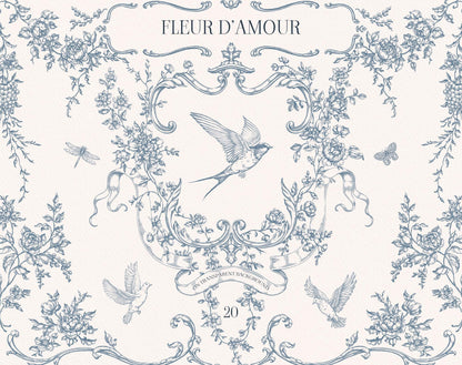 Fleur D’Amour cover displaying blue vintage floral line art, an ornate crest, swallows, botanical sprigs, and decorative borders.