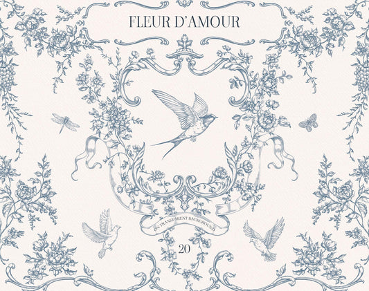 Fleur D’Amour cover displaying blue vintage floral line art, an ornate crest, swallows, botanical sprigs, and decorative borders.