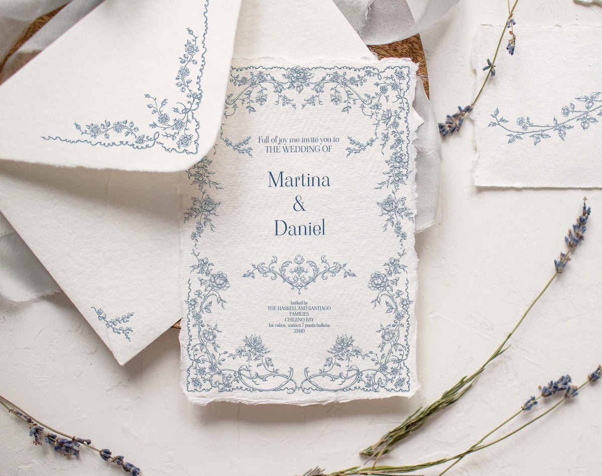 Wedding invitation mockup featuring a delicate blue floral frame from the Fleur D’Amour line art collection.
