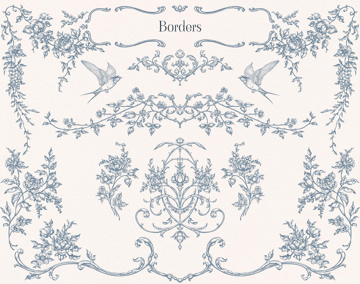 Fleur D’Amour border elements sheet with blue floral garlands, swallows, botanical sprays, and ornamental flourishes.