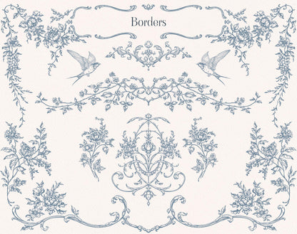 Fleur D’Amour border elements sheet with blue floral garlands, swallows, botanical sprays, and ornamental flourishes.