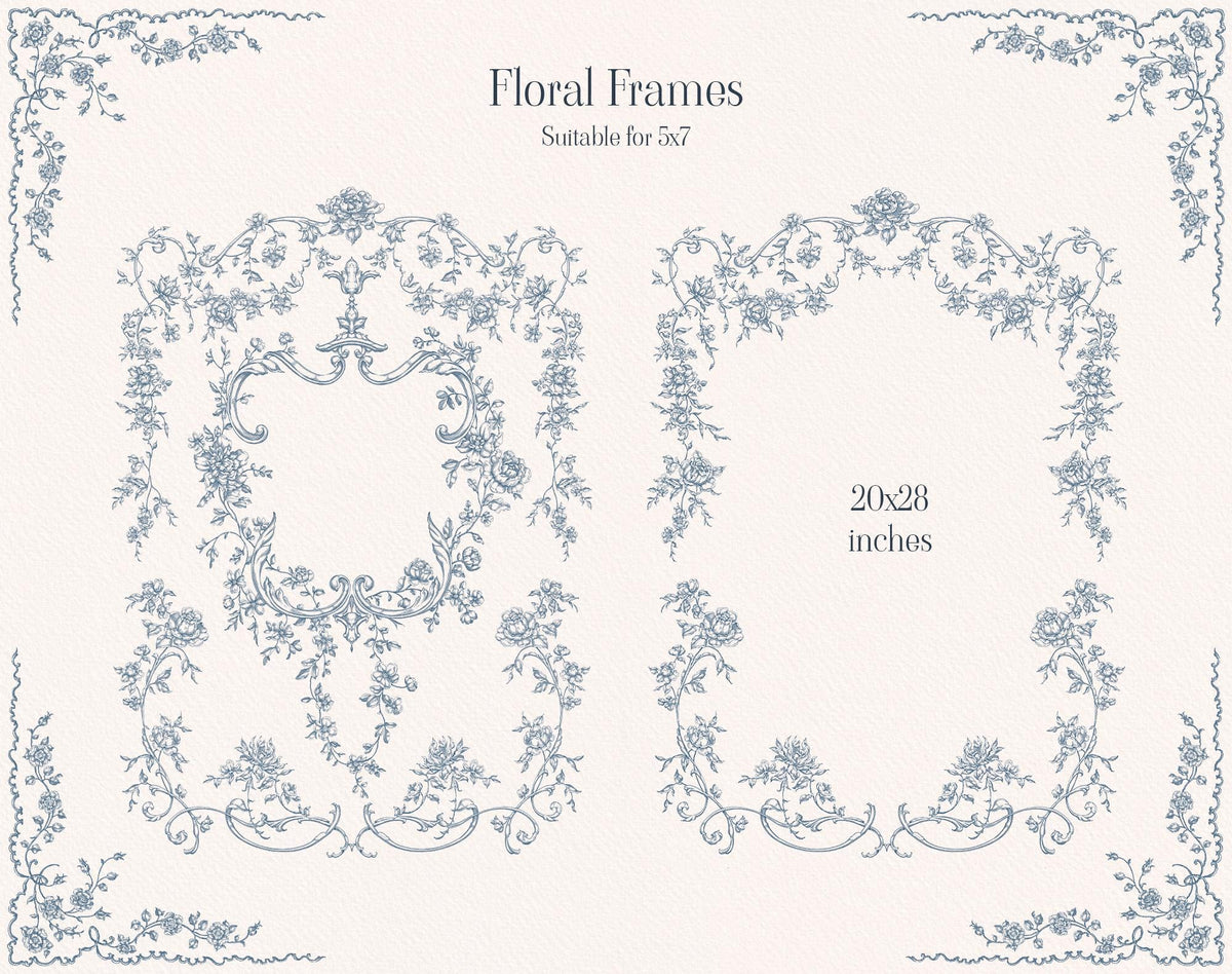 Blue floral frame designs from Fleur D’Amour, including square and rectangular botanical borders.