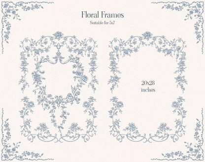 Blue floral frame designs from Fleur D’Amour, including square and rectangular botanical borders.
