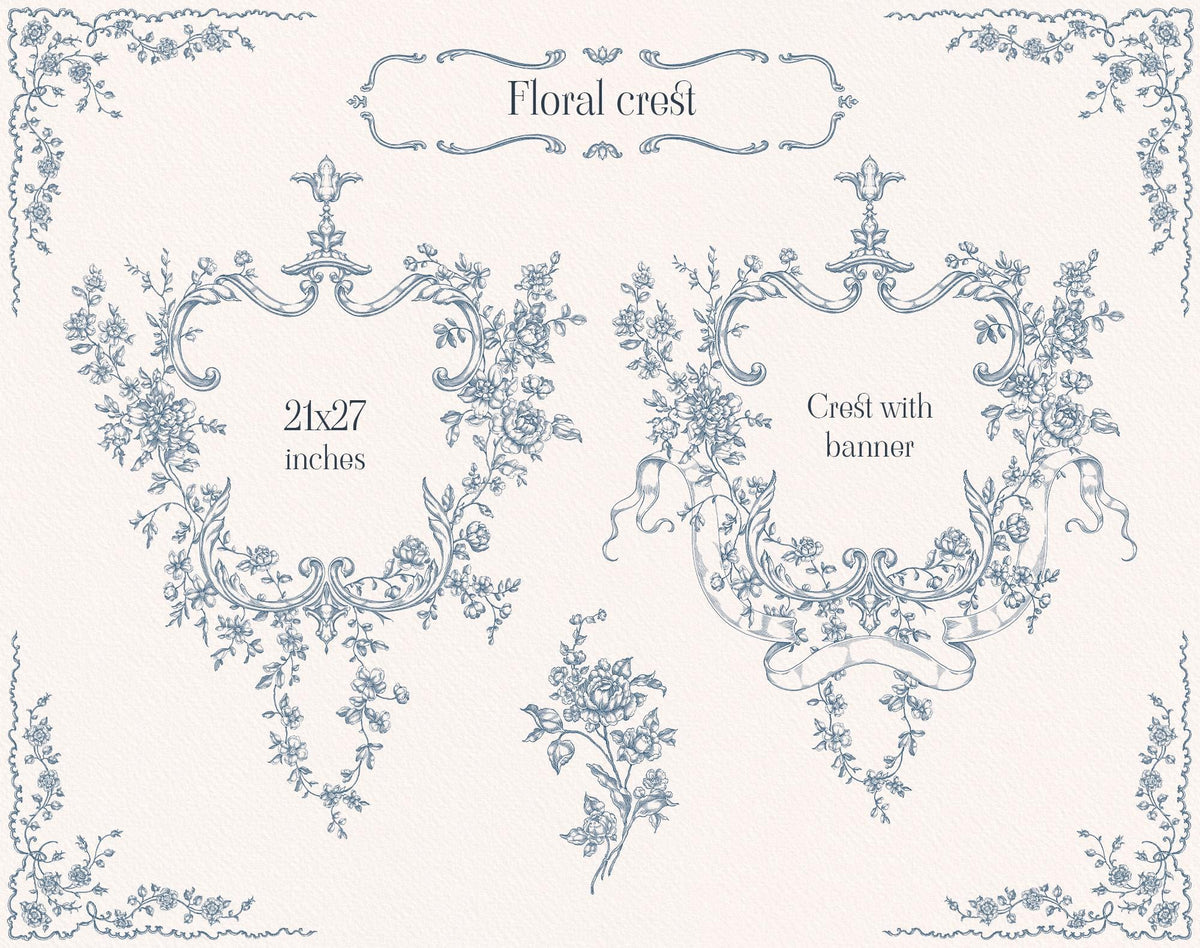 Fleur D’Amour floral crest designs with blue botanical line art, ribbon details, and ornate crowns.
