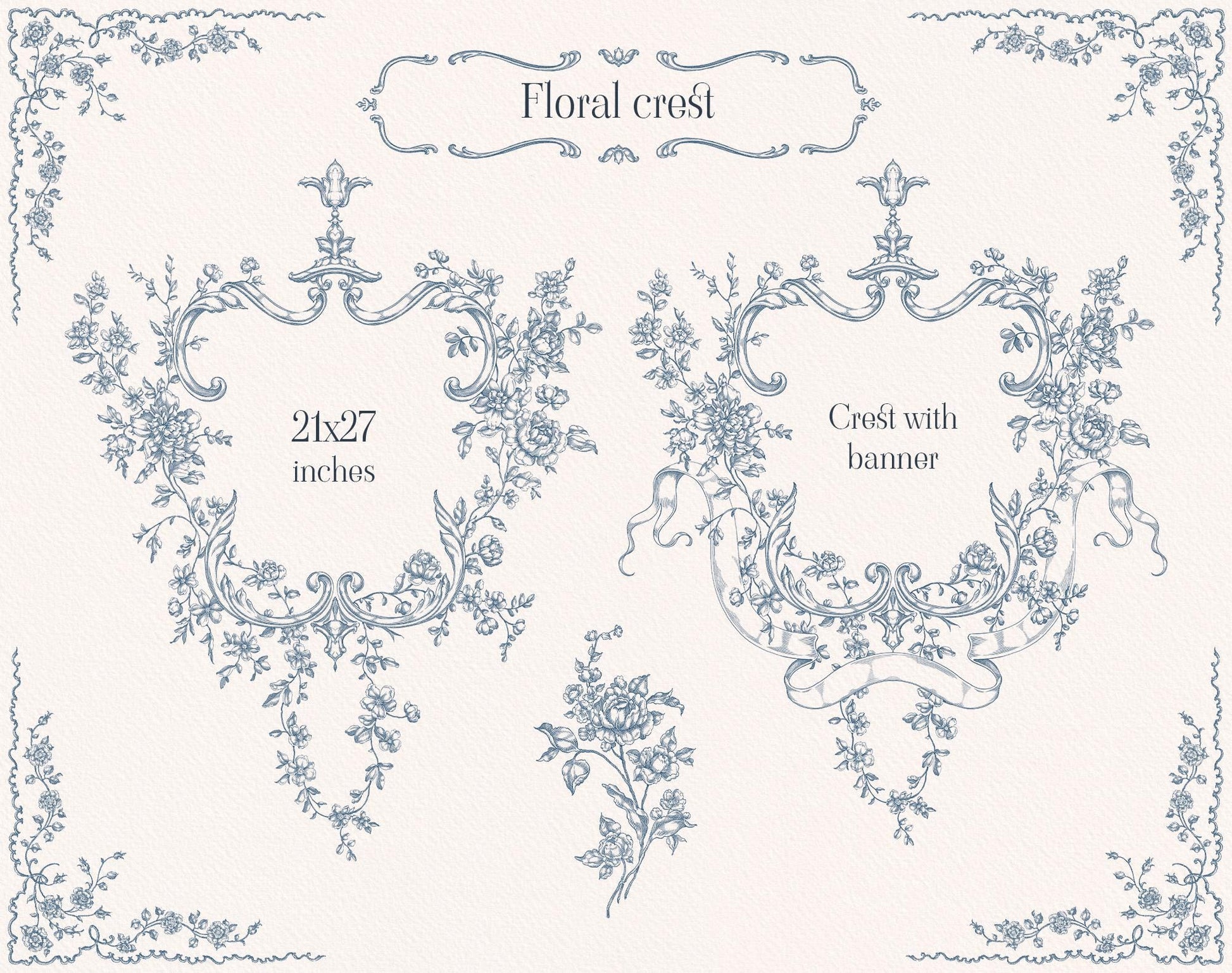 Fleur D’Amour floral crest designs with blue botanical line art, ribbon details, and ornate crowns.