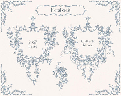 Fleur D’Amour floral crest designs with blue botanical line art, ribbon details, and ornate crowns.