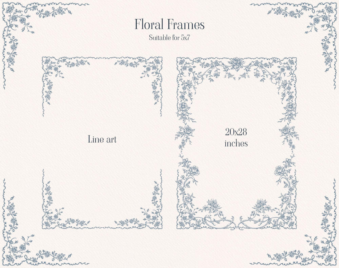 Blue botanical line art floral frames in square and rectangular layouts from the Fleur D’Amour collection.
