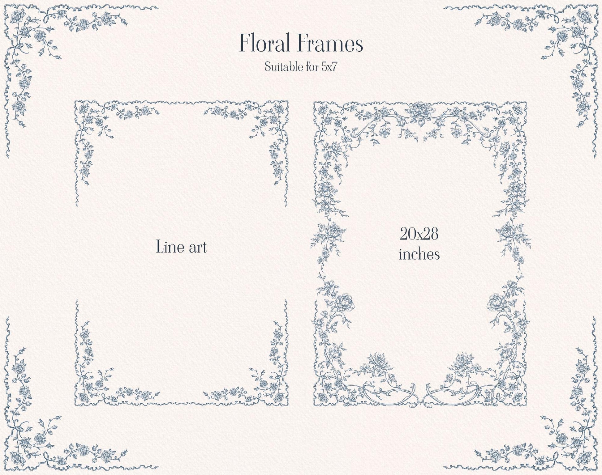 Blue botanical line art floral frames in square and rectangular layouts from the Fleur D’Amour collection.