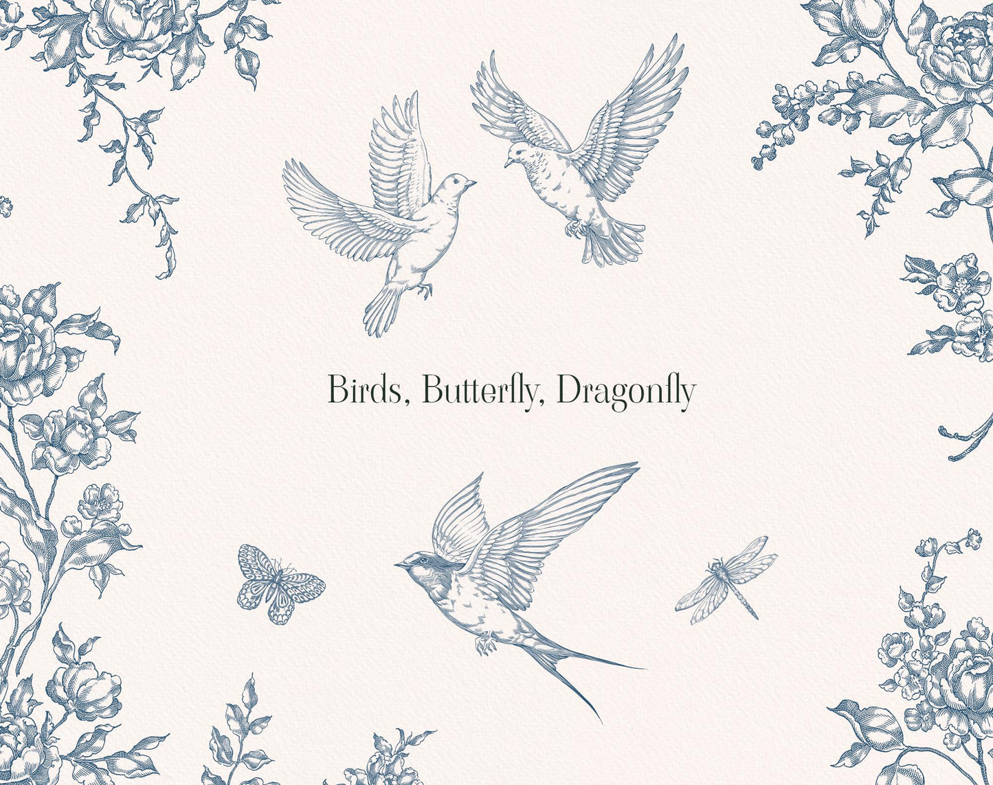 Fleur D’Amour bird and insect illustrations showing blue line art swallows, butterflies, dragonflies, and floral corner details.