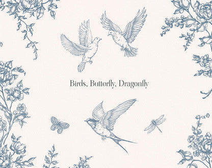 Fleur D’Amour bird and insect illustrations showing blue line art swallows, butterflies, dragonflies, and floral corner details.