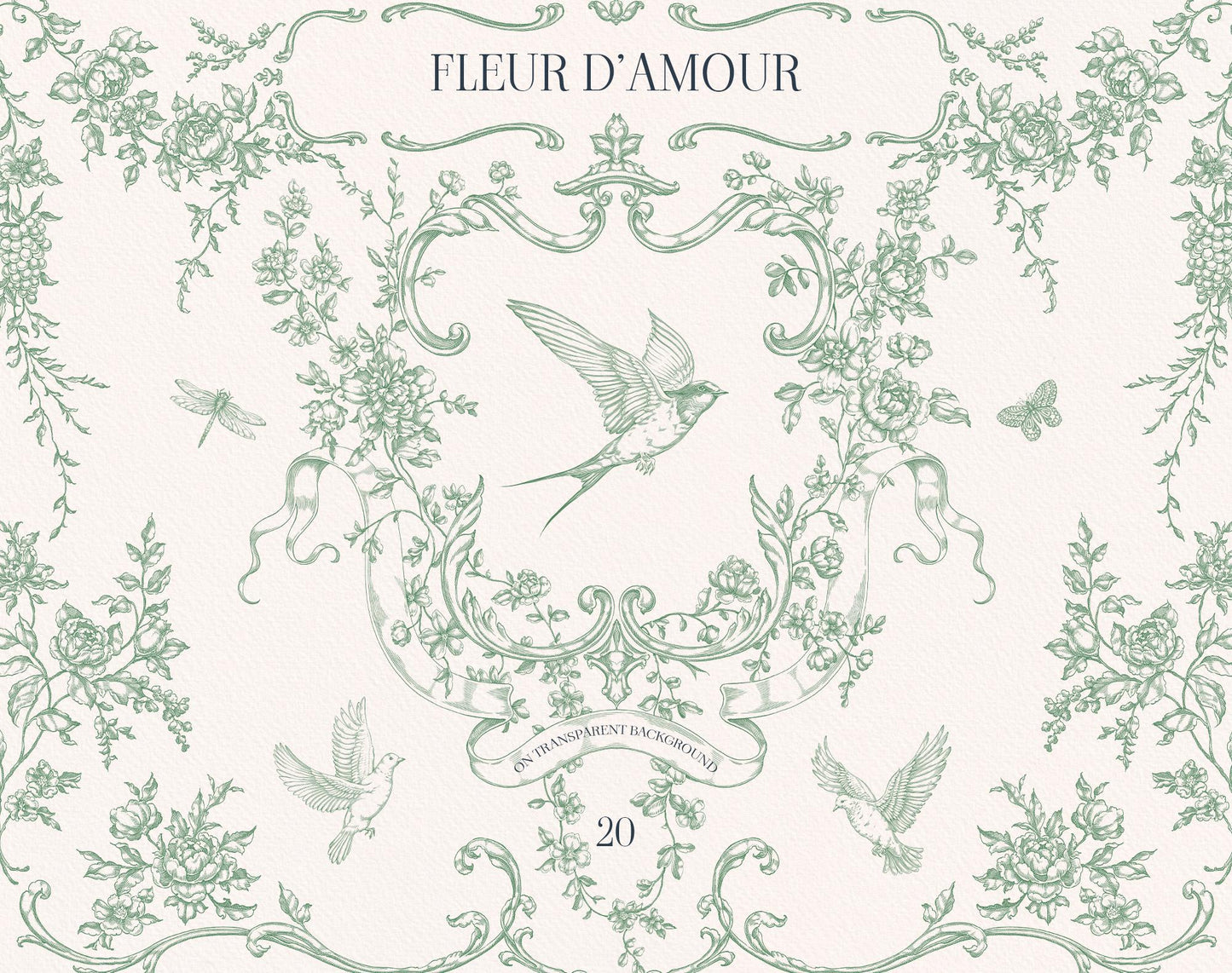 Fleur D’Amour cover displaying green vintage floral borders, an ornate botanical crest, birds, butterflies, dragonflies, and the collection title.
