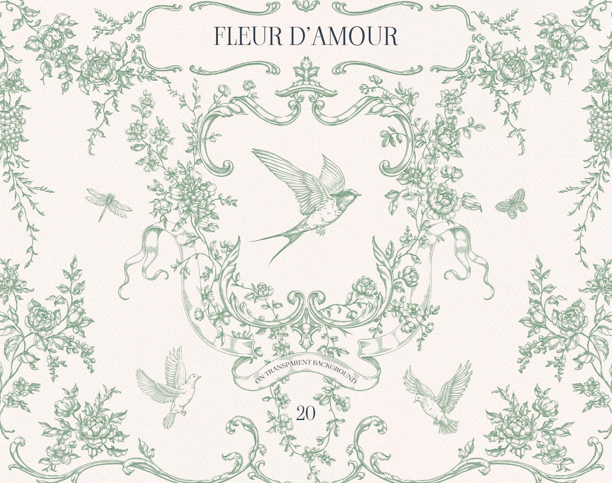 Fleur D’Amour cover displaying green vintage floral borders, an ornate botanical crest, birds, butterflies, dragonflies, and the collection title.