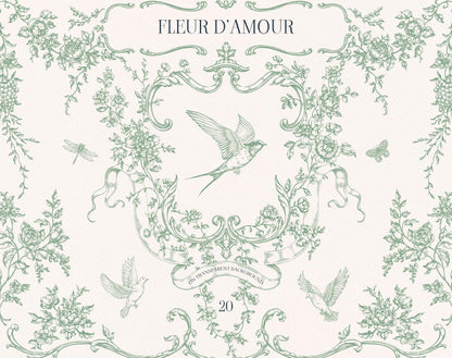 Fleur D’Amour cover displaying green vintage floral borders, an ornate botanical crest, birds, butterflies, dragonflies, and the collection title.