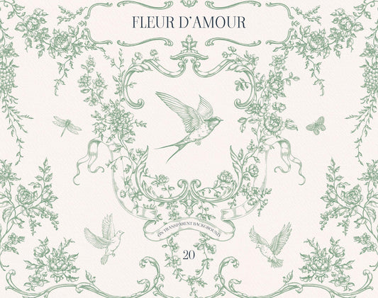 Fleur D’Amour cover displaying green vintage floral borders, an ornate botanical crest, birds, butterflies, dragonflies, and the collection title.