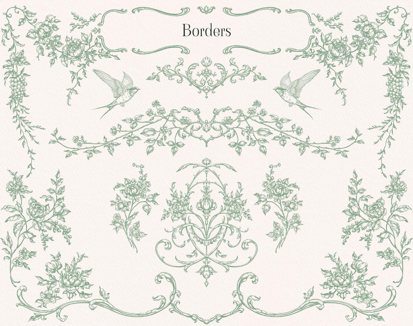 Fleur D’Amour borders sheet showing green botanical garlands, floral corner elements, birds, and ornate flourishes.