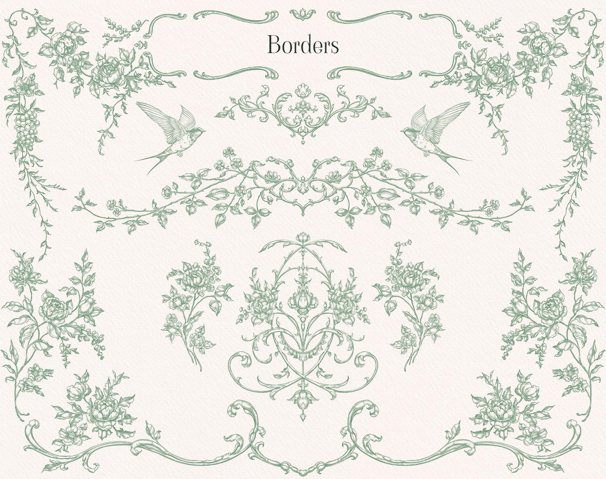 Fleur D’Amour borders sheet showing green botanical garlands, floral corner elements, birds, and ornate flourishes.