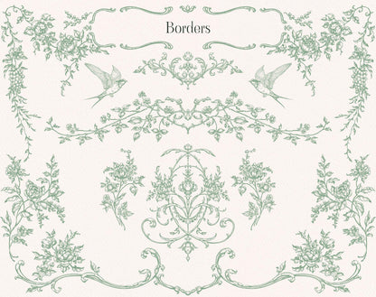 Fleur D’Amour borders sheet showing green botanical garlands, floral corner elements, birds, and ornate flourishes.