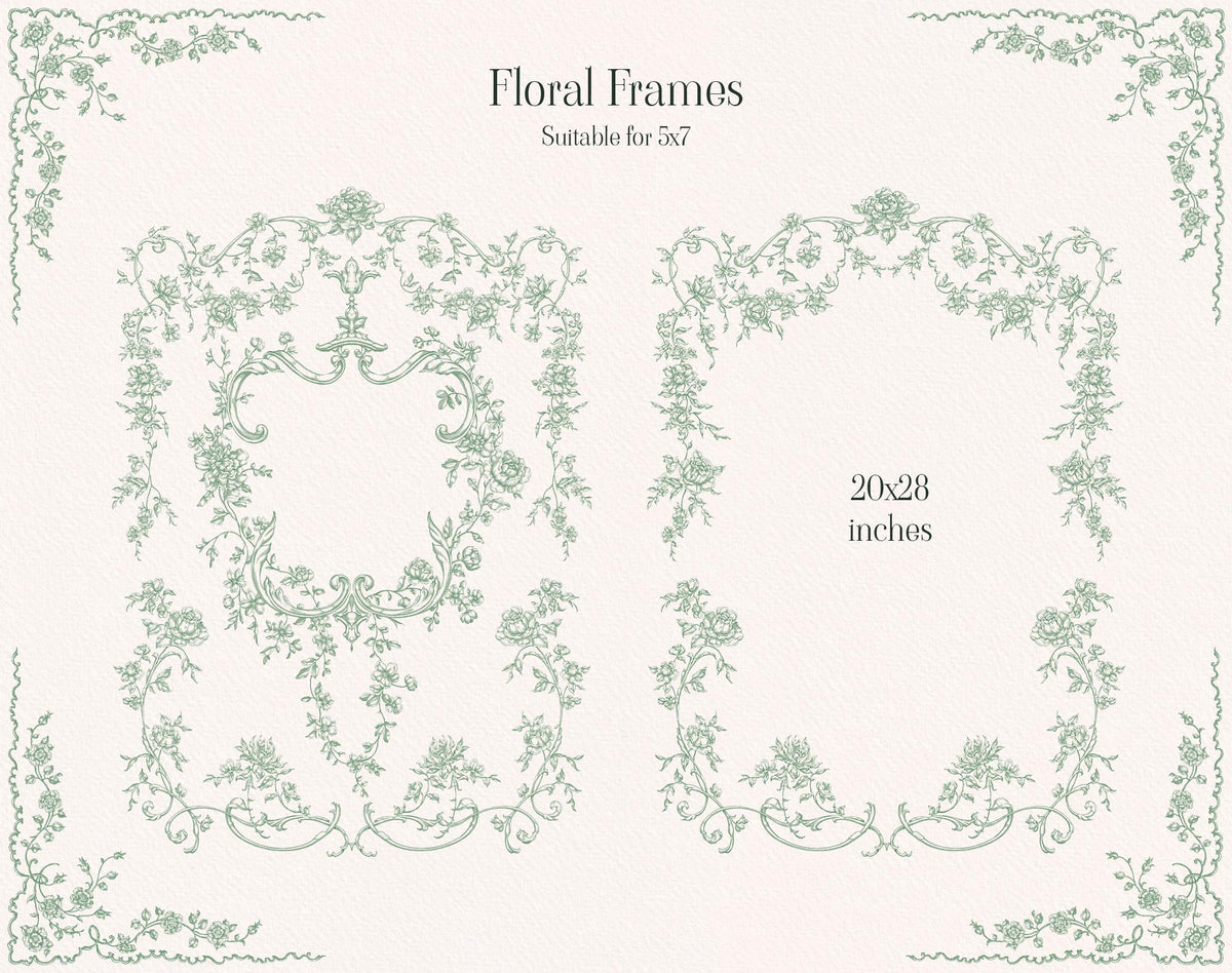 Floral frames preview showing large and small green botanical rectangular borders and corner decorations.