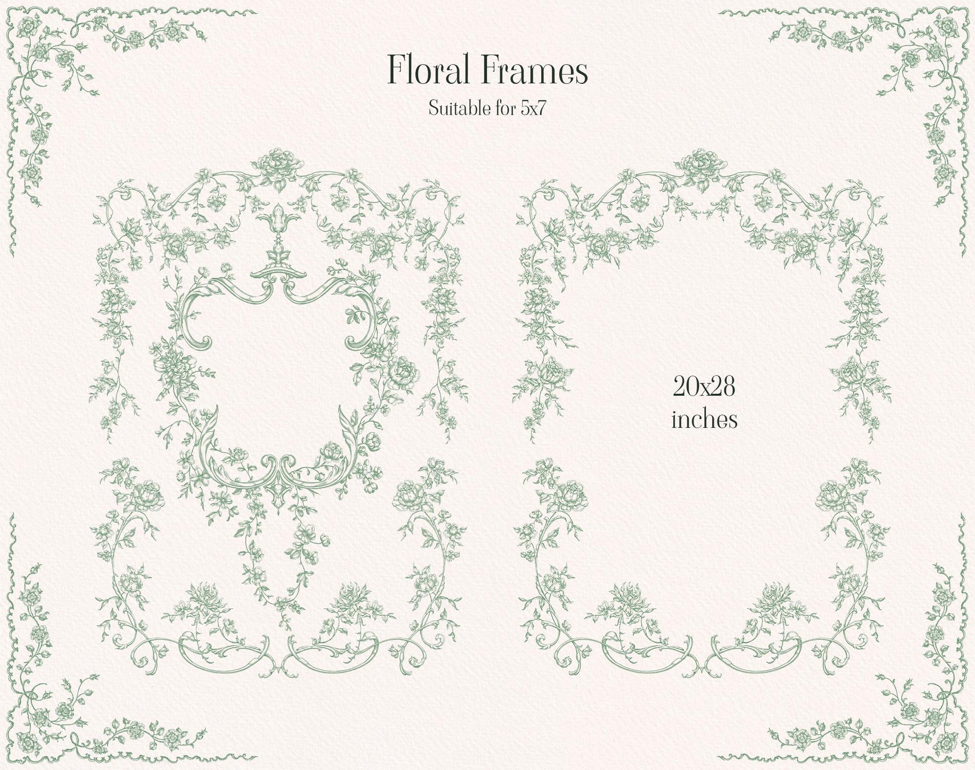Floral frames preview showing large and small green botanical rectangular borders and corner decorations.