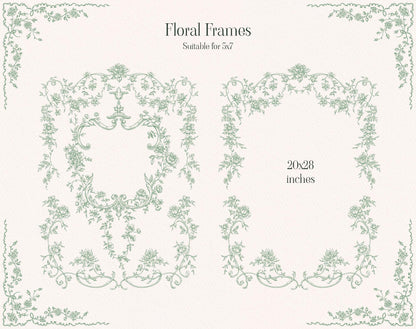 Floral frames preview showing large and small green botanical rectangular borders and corner decorations.