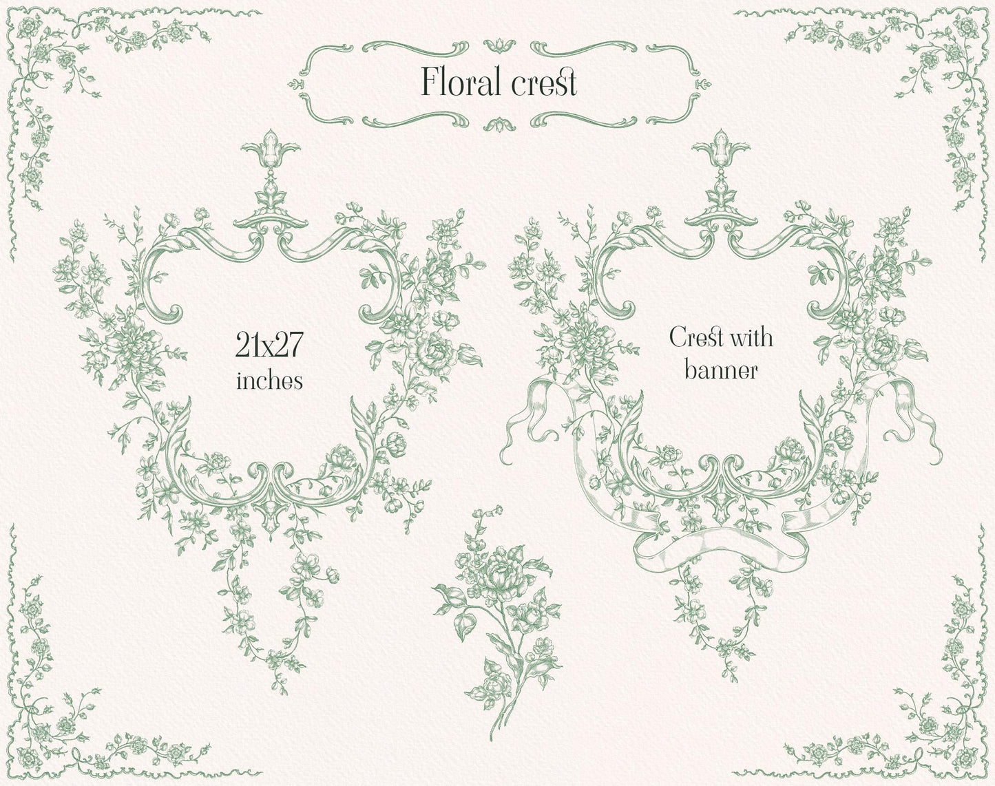 Floral crest preview with two ornate green botanical crest designs, floral sprigs, and surrounding corner borders.