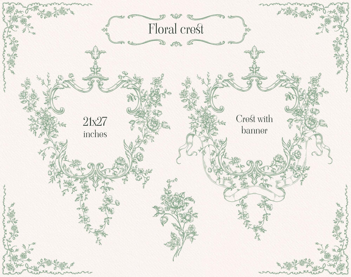 Floral crest preview with two ornate green botanical crest designs, floral sprigs, and surrounding corner borders.
