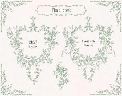 Floral crest preview with two ornate green botanical crest designs, floral sprigs, and surrounding corner borders.
