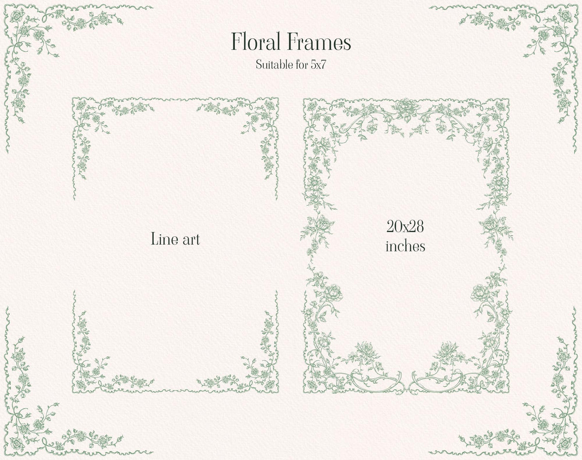 Line art floral frames preview showing two green botanical rectangular borders with delicate trailing flowers.