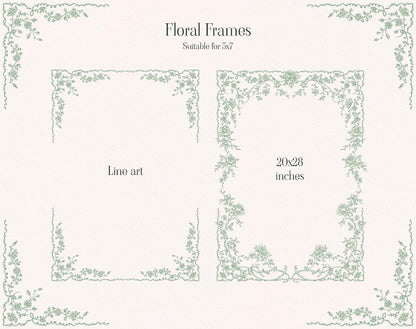 Line art floral frames preview showing two green botanical rectangular borders with delicate trailing flowers.
