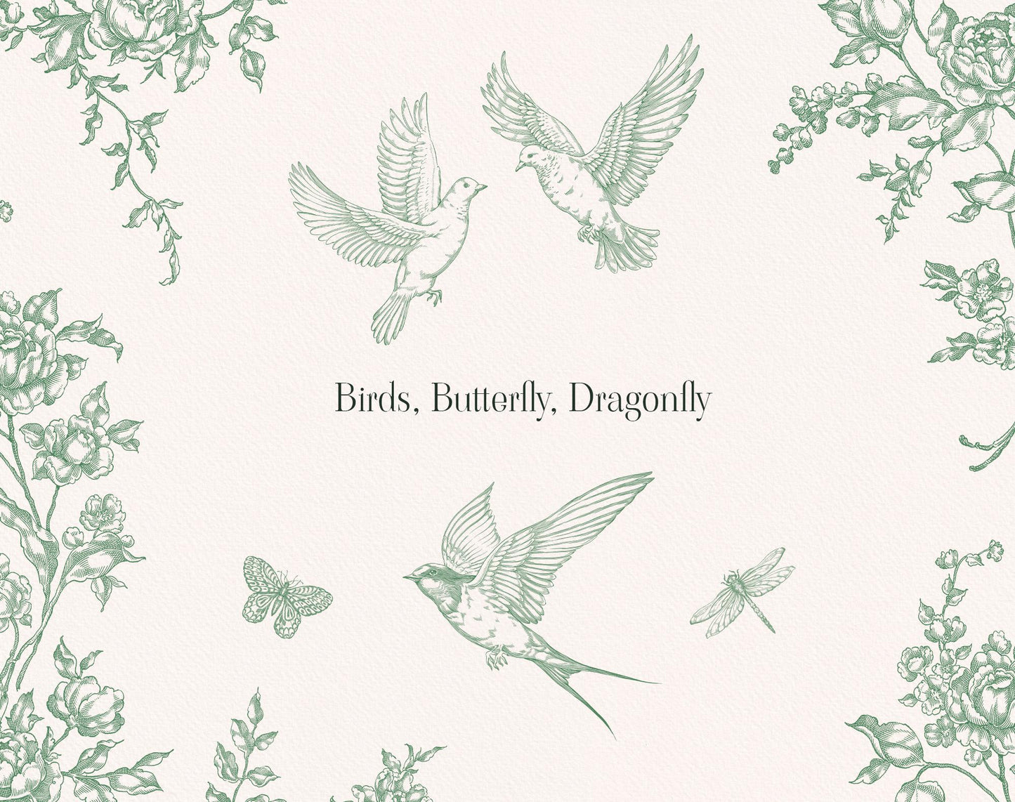 Birds, butterfly, and dragonfly preview framed by green botanical corner illustrations.