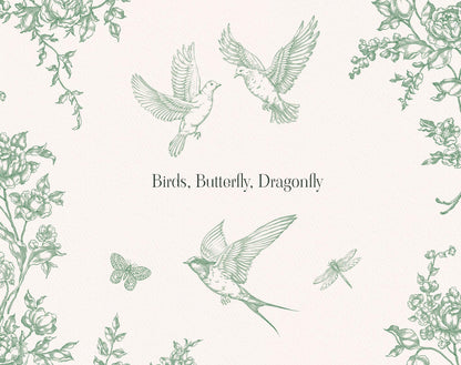 Birds, butterfly, and dragonfly preview framed by green botanical corner illustrations.