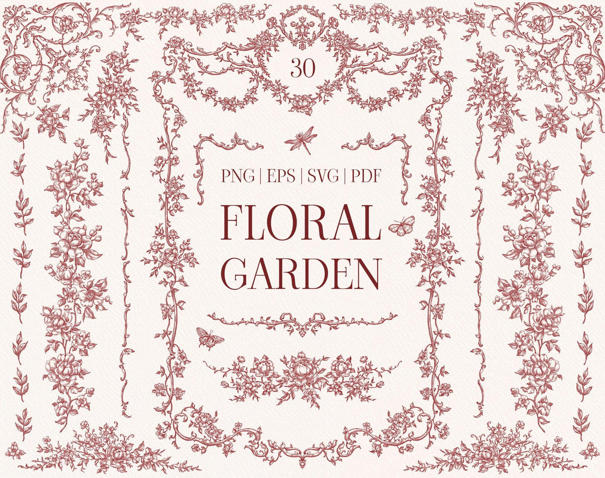 Floral Garden cover showing burgundy engraved floral borders and frames surrounding the collection title.