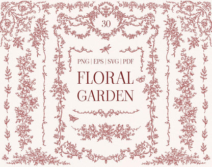 Floral Garden cover showing burgundy engraved floral borders and frames surrounding the collection title.